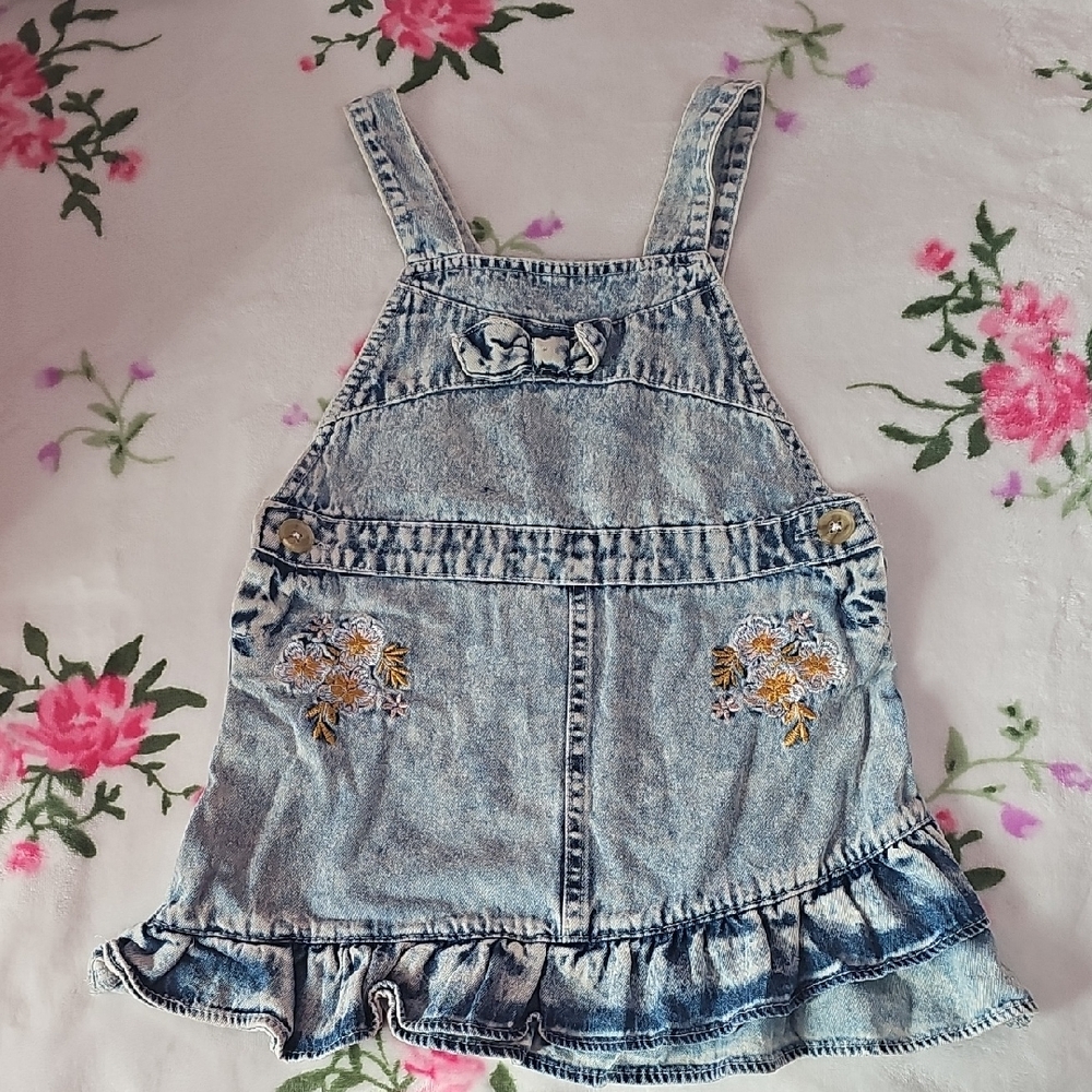 Blue Denim Overalls with Ruffled Hem and Floral Details